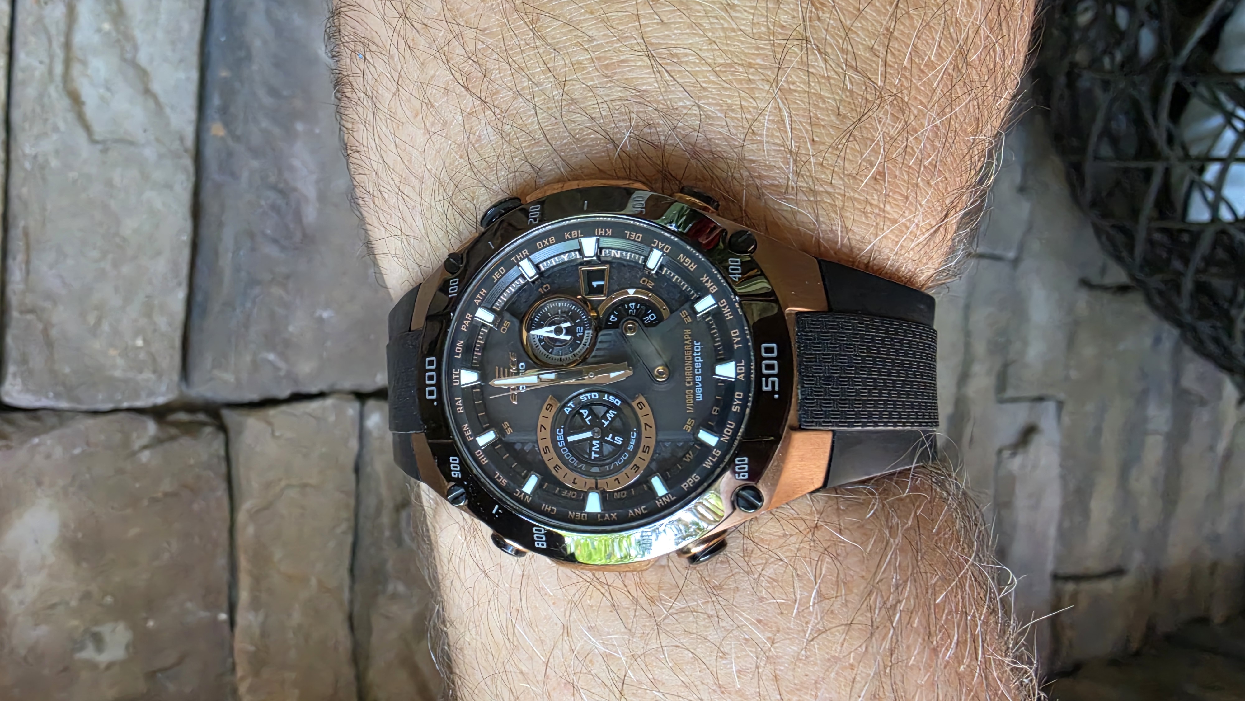 Casio Edifice EQW-M1100CG-1A rose gold solar atomic chronograph on wrist