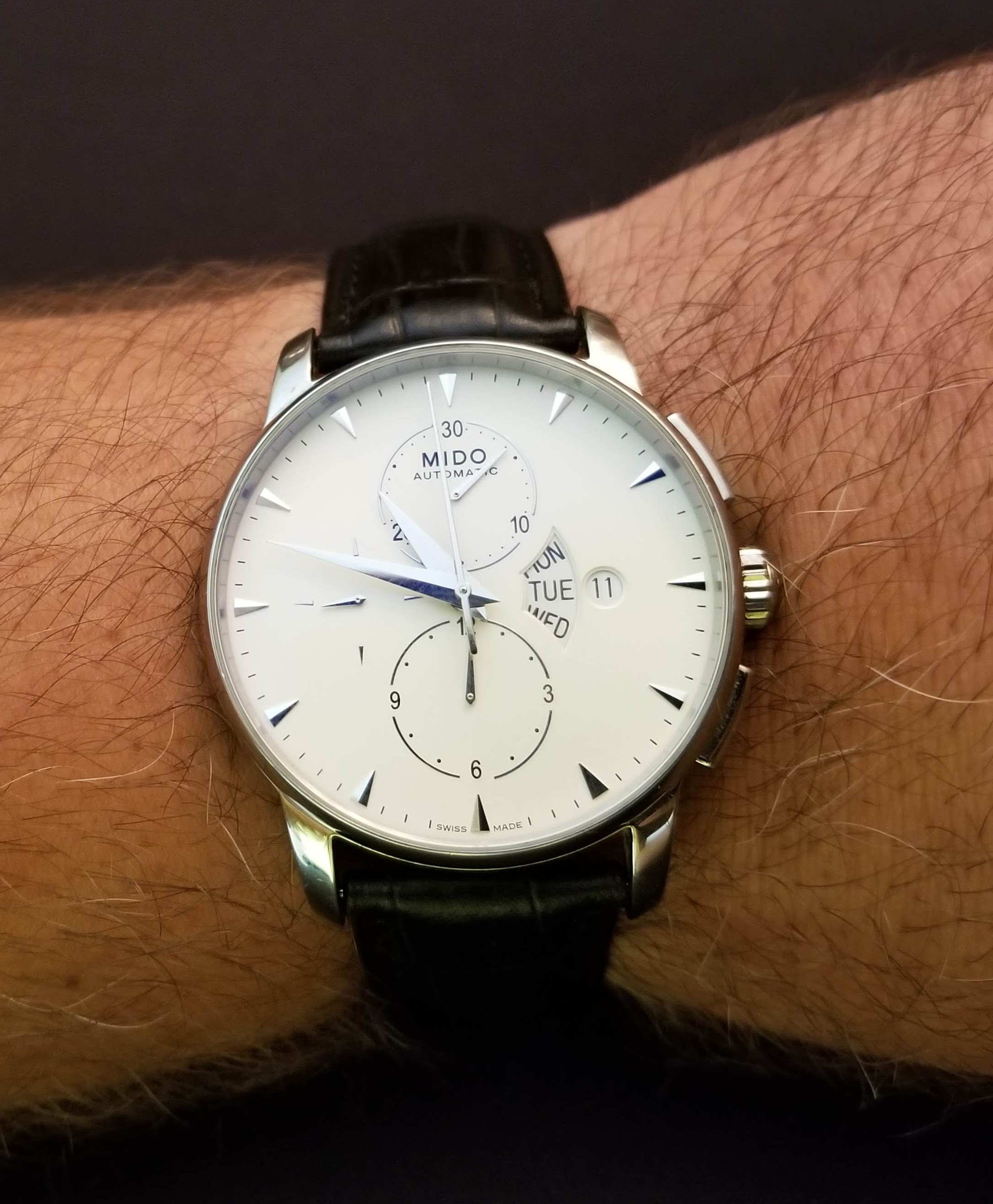 Mido Baroncelli Chronograph M8607 with ivory dial on wrist